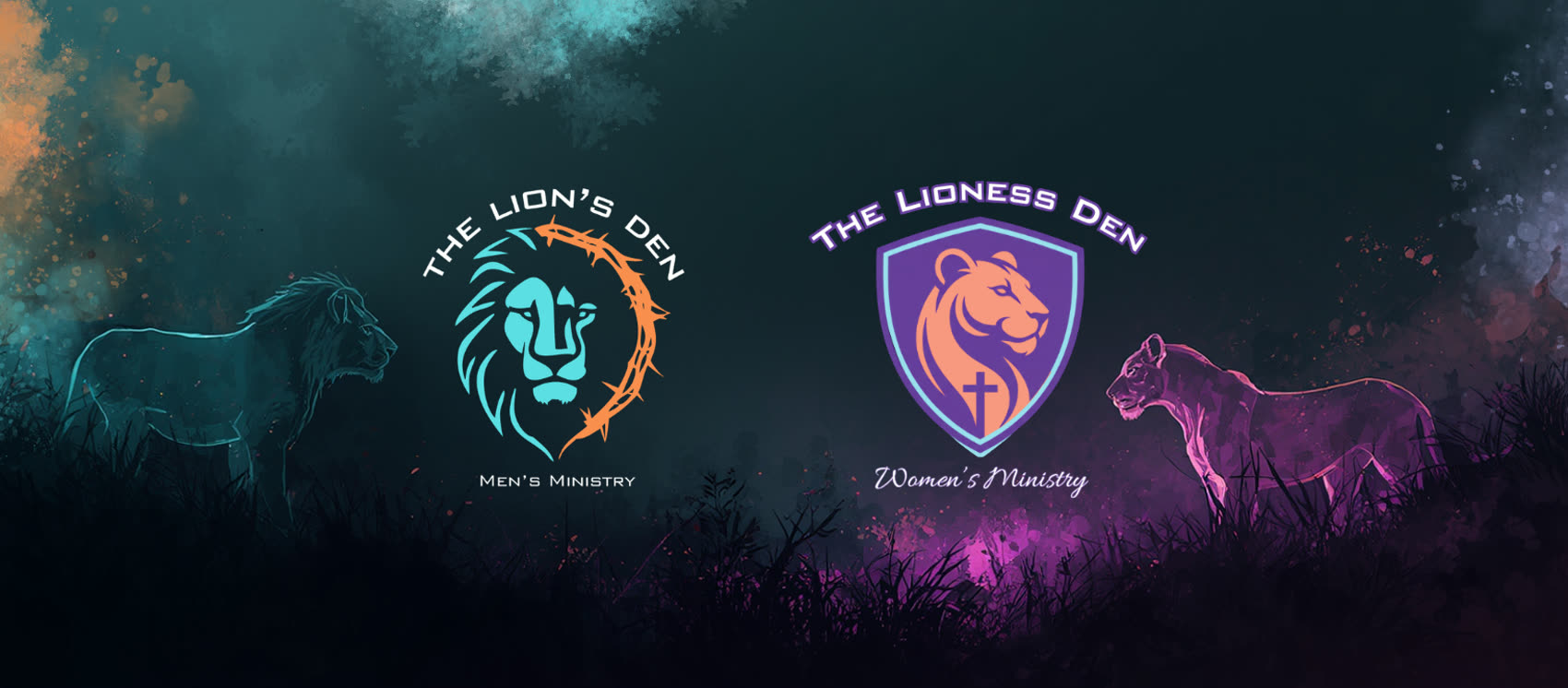 The Lion's Den men's ministry and The Lioness Den women's ministry emblems side by side
